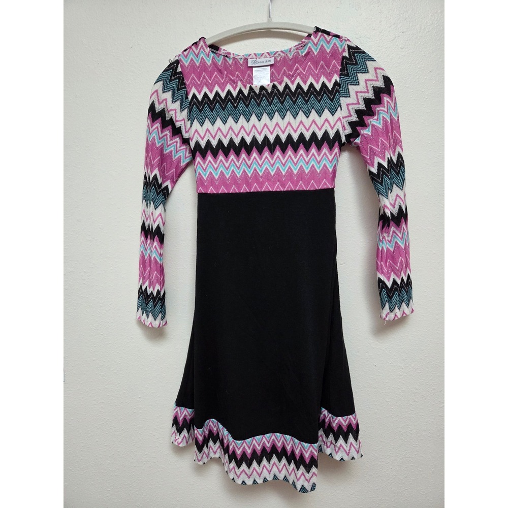 Bonnie Jean Girls Chevron Zigzag Metallic Knit Long Sleeve Dress Black Pink 14